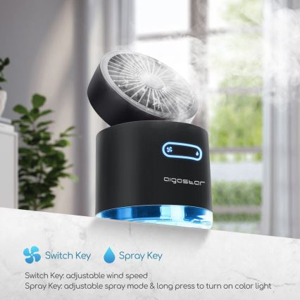 Aigostar - RGB Langaton mini pöytätuuletin sumutehosteella MIST 10W/5V 2000mAh musta