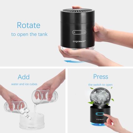 Aigostar - RGB Langaton mini pöytätuuletin sumutehosteella MIST 10W/5V 2000mAh musta