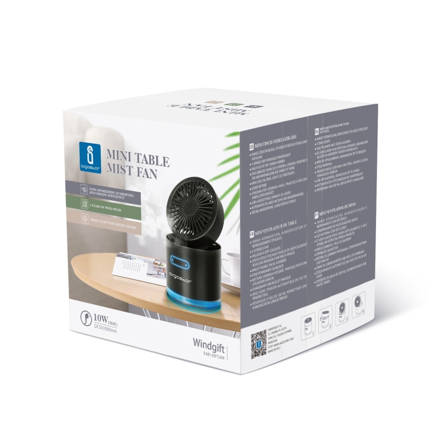 Aigostar - RGB Langaton mini pöytätuuletin sumutehosteella MIST 10W/5V 2000mAh musta