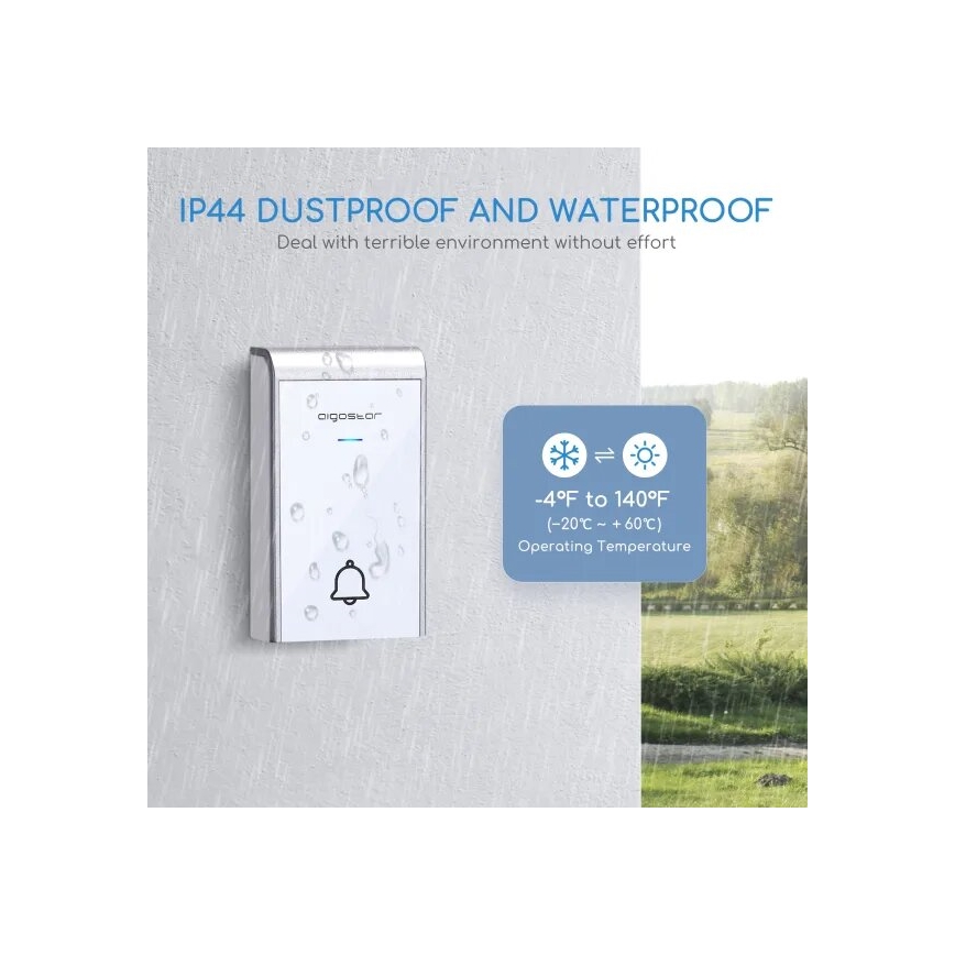 Aigostar - Langaton ovikello 3xAA/12V IP44 valkoinen/hopea