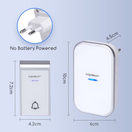 Aigostar - Langaton ovikello pistorasiaan 230V/12V IP44 valkoinen