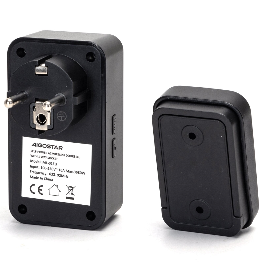 Aigostar - Langaton pistokeovikello 1Z 230V IPX4 musta