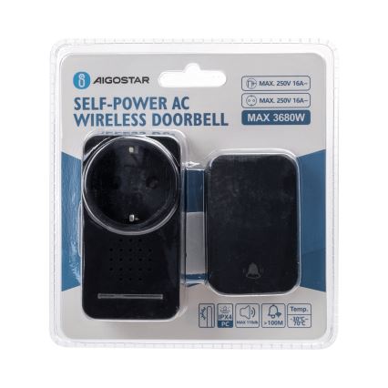 Aigostar - Langaton pistokeovikello 1Z 230V IPX4 musta