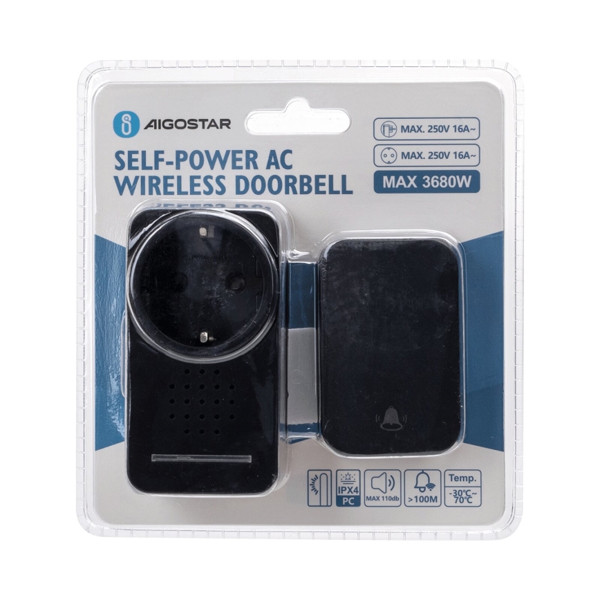 Aigostar - Langaton pistokeovikello 1Z 230V IPX4 musta