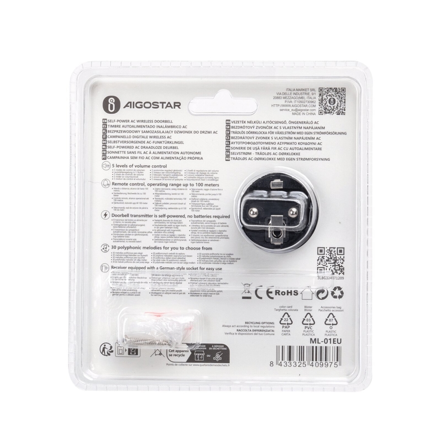 Aigostar - Langaton pistokeovikello 1Z 230V IPX4 musta