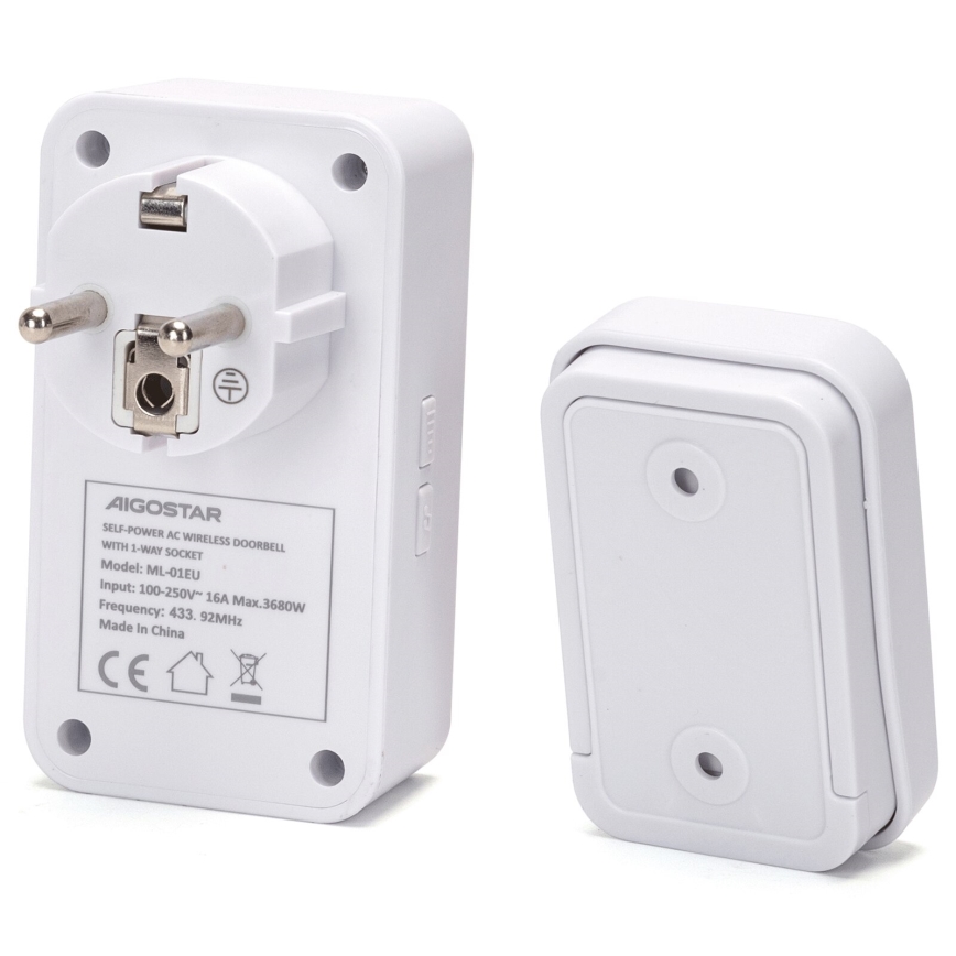 Aigostar - Langaton pistokeovikello 1Z 230V IPX4 valkoinen