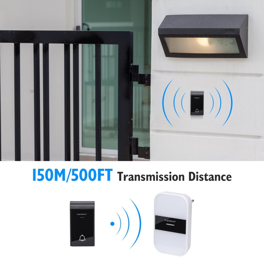 Aigostar - Langaton pistokeovikello 230V/12V IP44 valkoinen/musta