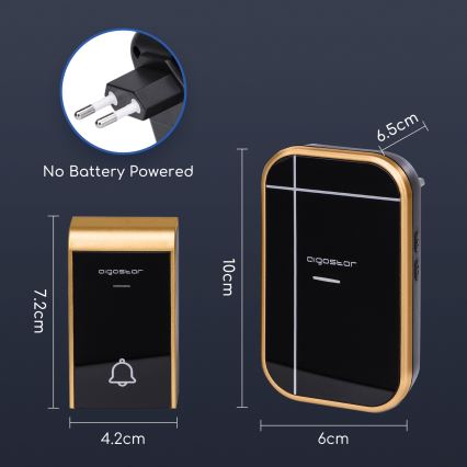 Aigostar - Langaton pistorasiaan kytkettävä ovikello 230 V/12 V IP44 musta