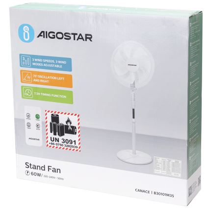 Aigostar - Latti tuuletin 60W/230V valkoinen + kaukosäädin