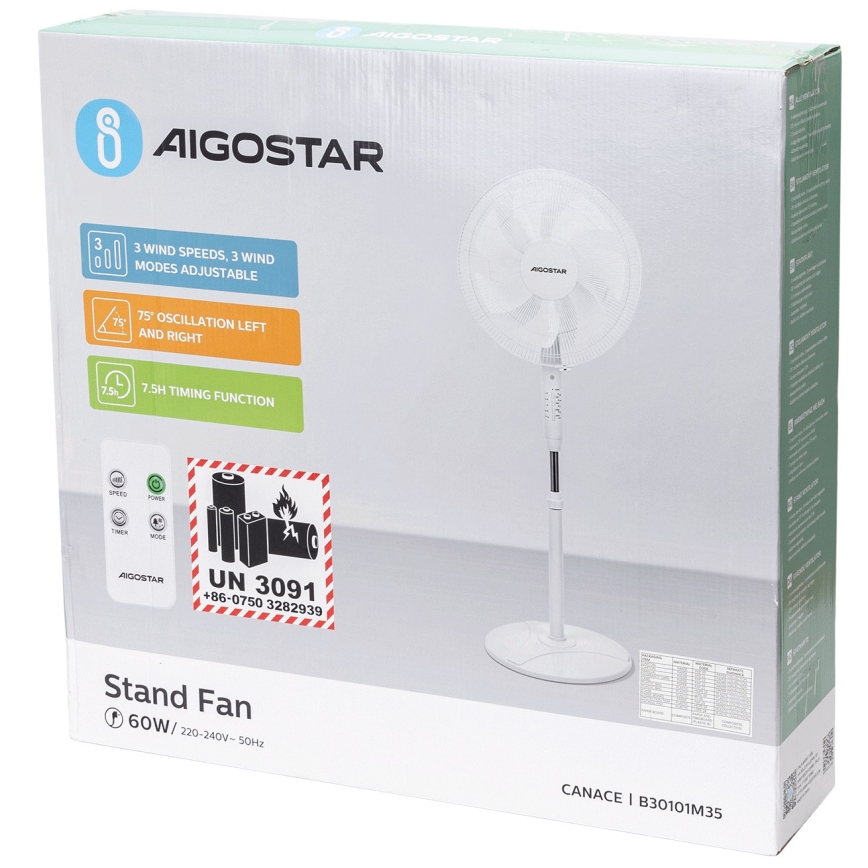 Aigostar - Latti tuuletin 60W/230V valkoinen + kaukosäädin