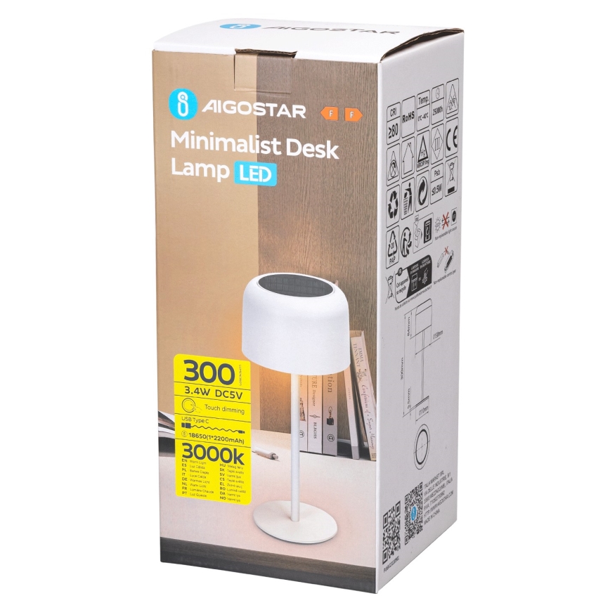 Aigostar - LED aurinkokäyttöinen himmennettävä ladattava pöytälamppu LED/3W/5V 2200mAh valkoinen IP54