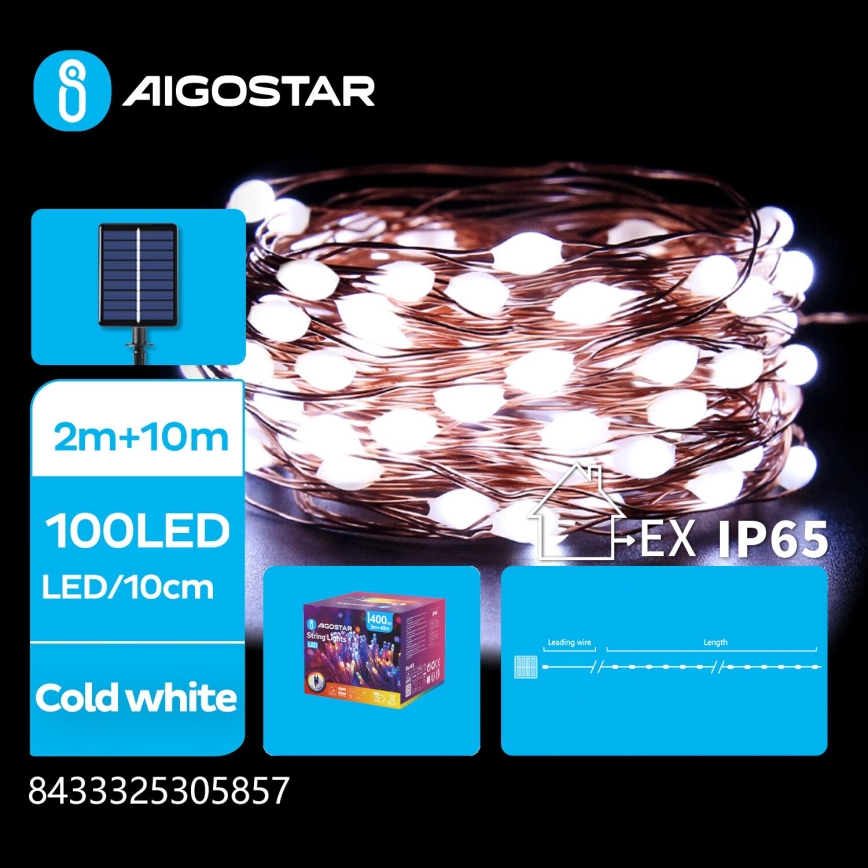 Aigostar - LED aurinkokäyttöinen joulukoristevalosarja 100xLED/8 toimintoa 12m IP65 800 mAh kylmä valkoinen