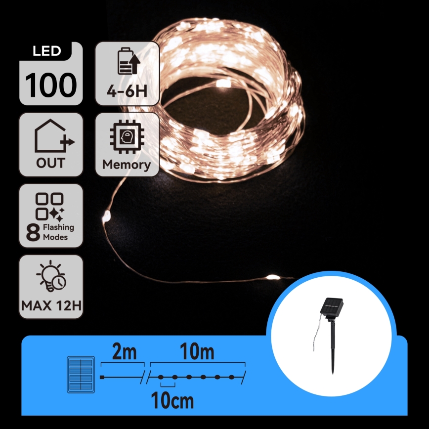Aigostar - aurinkokennolla toimiva LED-jouluköynnös 100xLED/8 toimintoa 12m IP65 800 mAh kylmänvalkoinen