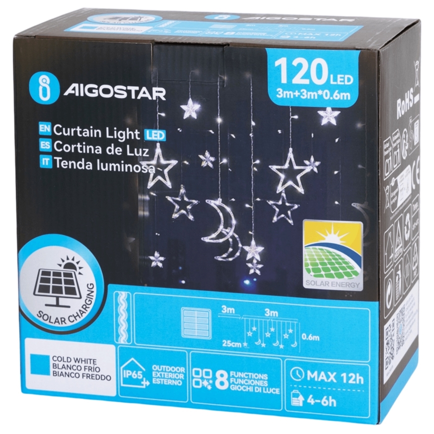 Aigostar - LED-aurinkovalosarja 120xLED/8 toimintoa 3x0,6m 500 mAh IP65 kylmänvalkoinen
