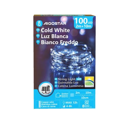 Aigostar - LED-aurinkokennovalosarja 100 x LED / 8 toimintoa, 12 m, IP65, 800 mAh, kylmänvalkoinen