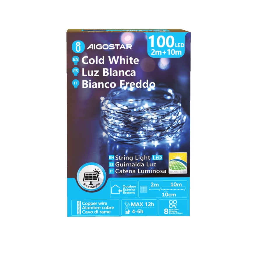 Aigostar - LED-aurinkokennovalosarja 100 x LED / 8 toimintoa, 12 m, IP65, 800 mAh, kylmänvalkoinen