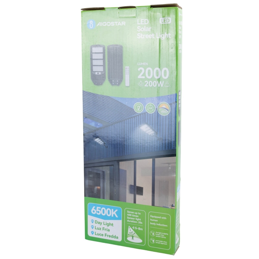 Aigostar - LED Aurinkokennokatuvalo anturilla LED/200W/3,2V 12000mAh IP65 6500K + kauko-ohjaus