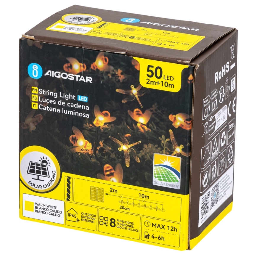 Aigostar - LED-aurinkokennolla varustettu koristevalosarja 50 LED / 8 toimintoa, 10 m, 800 mAh, IP65, lämmin valkoinen