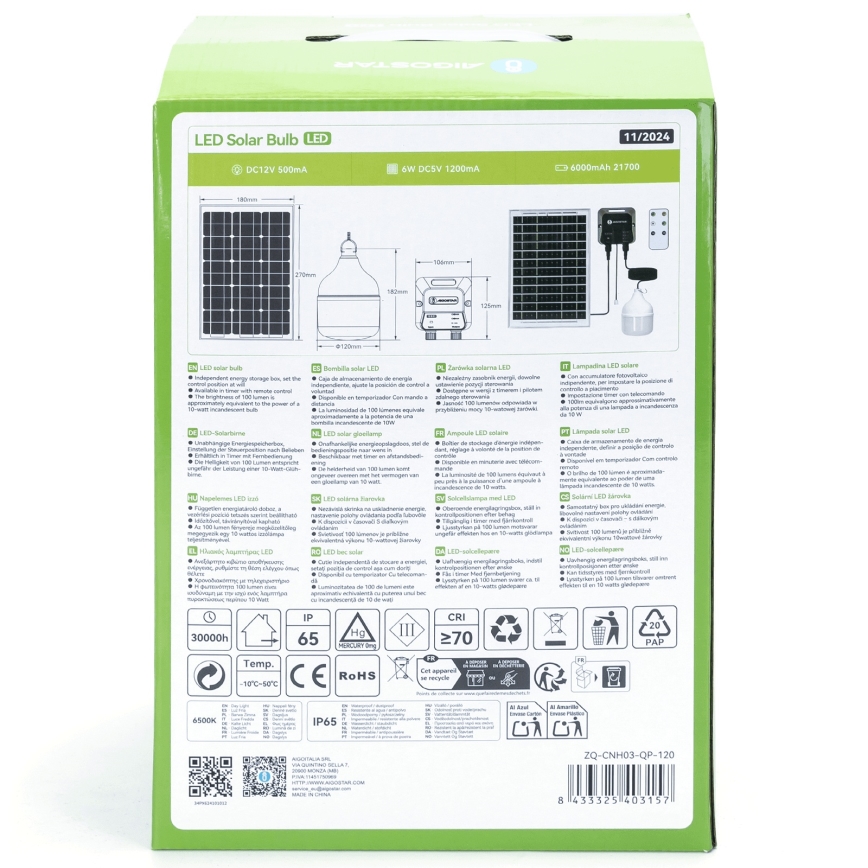 Aigostar - Aurinkokennolla varustettu LED-kattokruunu LED/70W/12V 6000 mAh 6500K IP65 halkaisija 12 cm + kaukosäädin