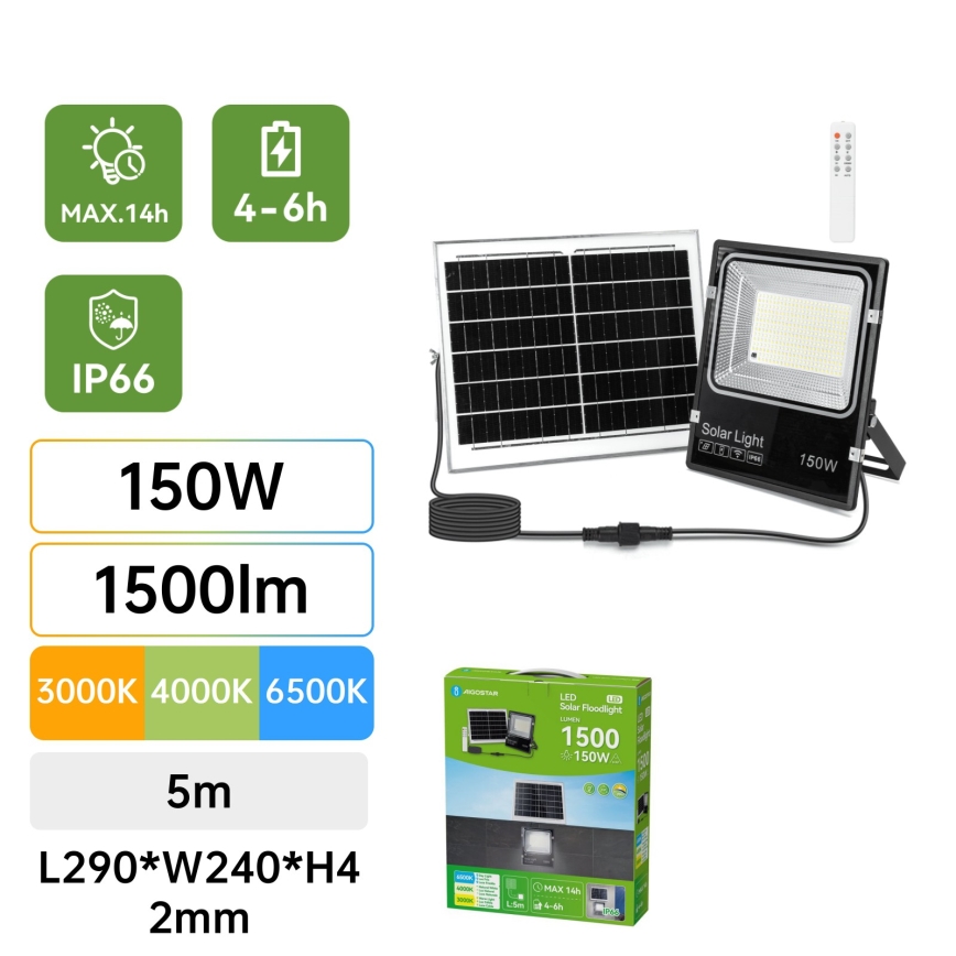 Aigostar - LED-aurinkokäyttöinen heijastin LED/150W/3,2V 3000mAh 3000K/4000K/6500K IP66 + kaukosäädin