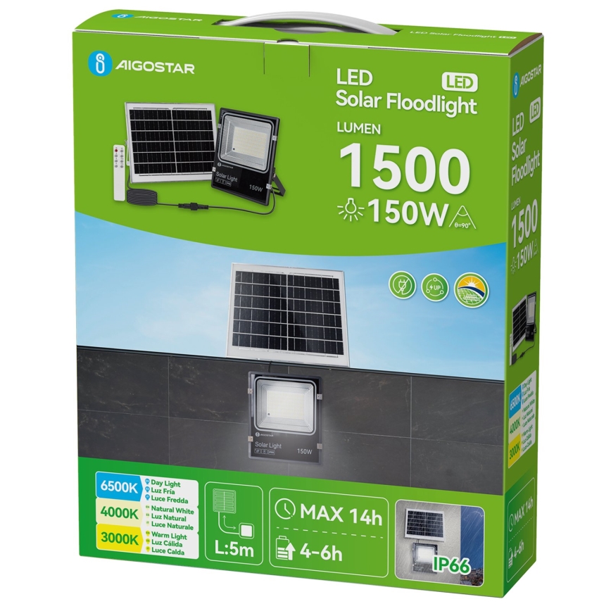 Aigostar - LED-aurinkokäyttöinen heijastin LED/150W/3,2V 3000mAh 3000K/4000K/6500K IP66 + kaukosäädin