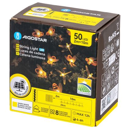 Aigostar - LED-aurinkokennovaloketju 50 LED / 8 toimintoa 10 m 800 mAh IP65 lämmin valkoinen