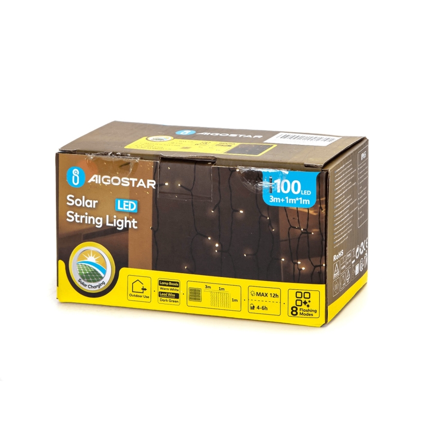 Aigostar - LED aurinkokäyttöinen joulukoristevalosarja 100xLED/8 toimintoa 4x1m IP65 lämmin valkoinen 800 mAh