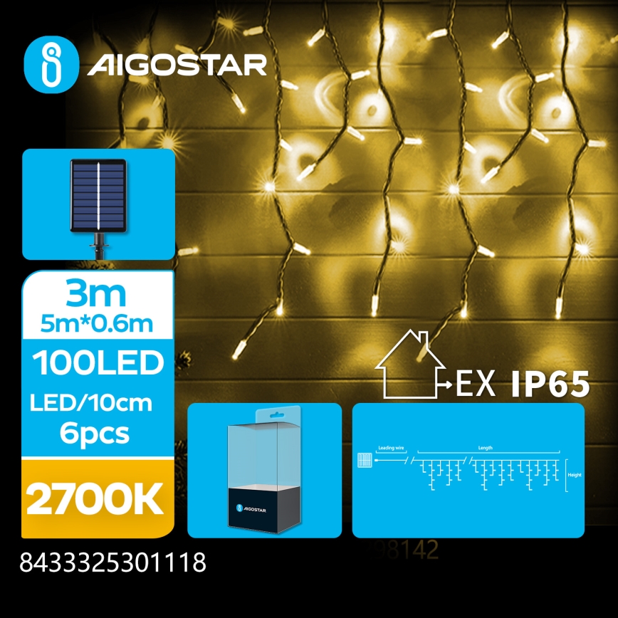 Aigostar - LED aurinkokäyttöinen joulukoristevalosarja 100xLED/8 toimintoa 8x0,6m 800 mAh IP65 lämmin valkoinen