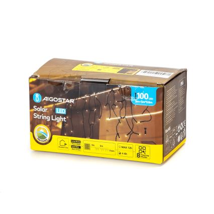 Aigostar - LED aurinkokäyttöinen joulukoristevalosarja 100xLED/8 toimintoa 8x0,6m 800 mAh IP65 lämmin valkoinen