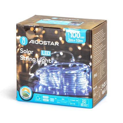 Aigostar - LED aurinkokäyttöinen joulukoristevalosarja 100xLED/8 toimintoa 12m IP65 kylmä valkoinen 800 mAh