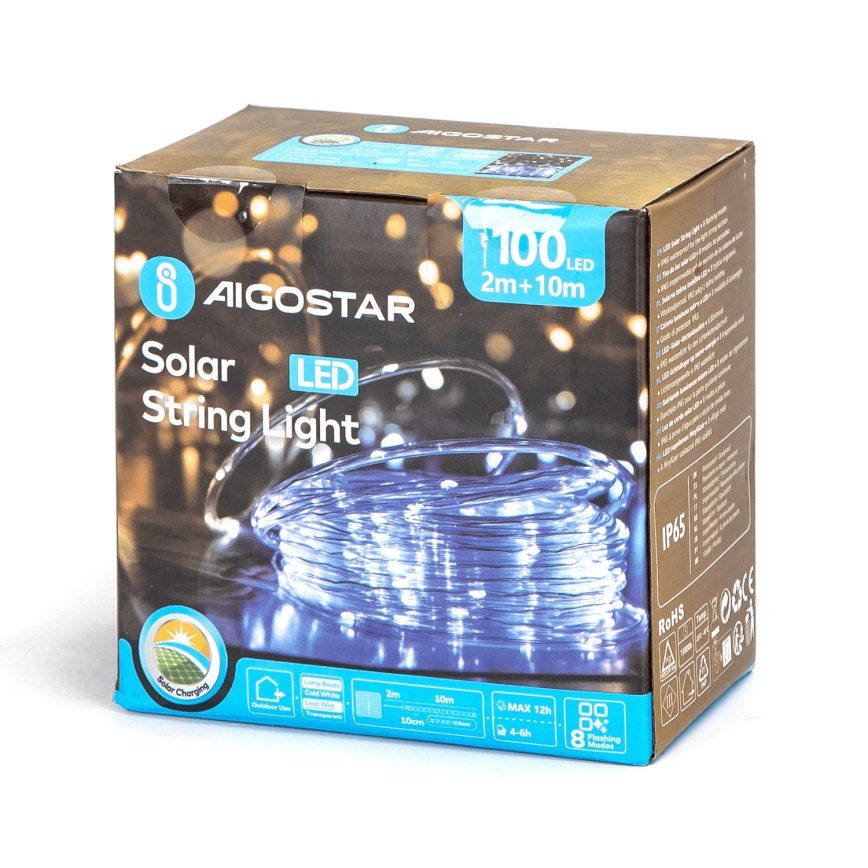 Aigostar - LED aurinkokäyttöinen joulukoristevalosarja 100xLED/8 toimintoa 12m IP65 kylmä valkoinen 800 mAh