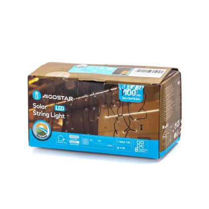 Aigostar - LED-aurinkoketju 100xLED/8 valaistustoimintoa 8x0,6m 500 mAh IP65 kylmänvalkoinen