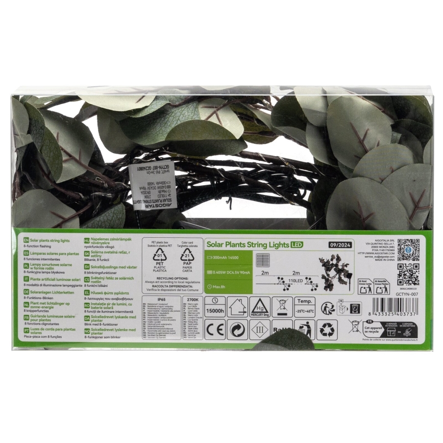 Aigostar - LED aurinkoketju 110xLED/4m IP65 300 mAh lämmin valkoinen eukalyptus