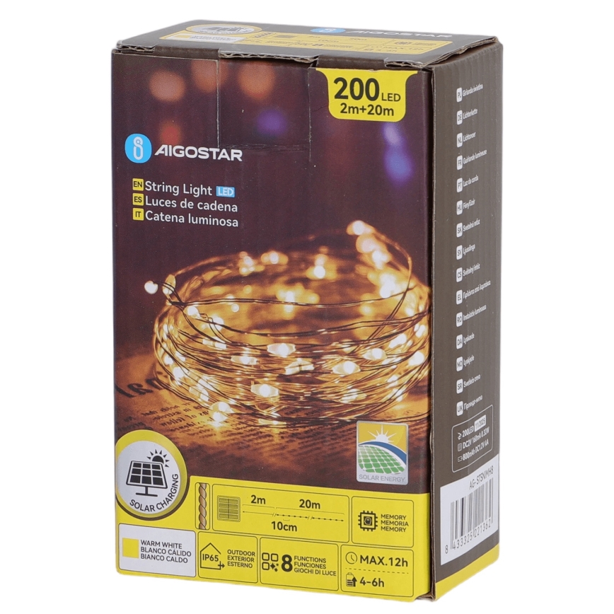 Aigostar - 200 LED:n aurinkoketju, 8 toimintoa, 22 m, IP65, lämmin valkoinen, 800 mAh