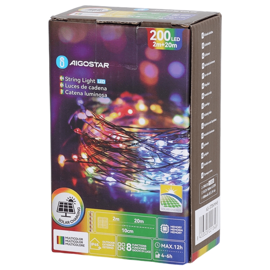 Aigostar - LED aurinkoketju 200xLED/8 toimintoa 22 m IP65 monivärinen 800 mAh