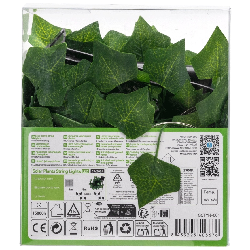 Aigostar - LED aurinkoketju 50xLED/7m IP65 300 mAh lämmin valkoinen köynnös