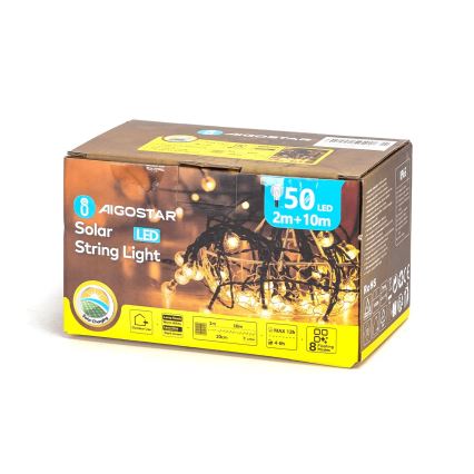 Aigostar - LED aurinkokennovalosarja 50xLED/8 toimintoa 12m 800 mAh IP65 lämmin valkoinen