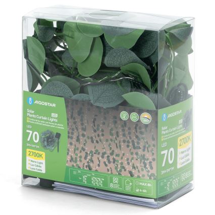 Aigostar - LED aurinkoketju 70xLED/4x1m IP65 300 mAh lämmin valkoinen eukalyptus