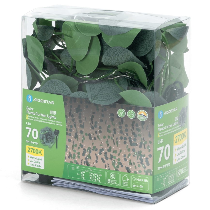 Aigostar - LED aurinkoketju 70xLED/4x1m IP65 300 mAh lämmin valkoinen eukalyptus