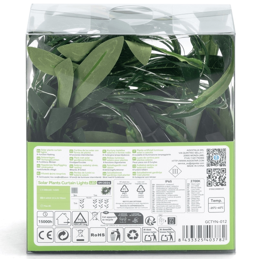 Aigostar - LED aurinkoketju 70xLED/4x1m IP65 300 mAh lämmin valkoinen oliivi