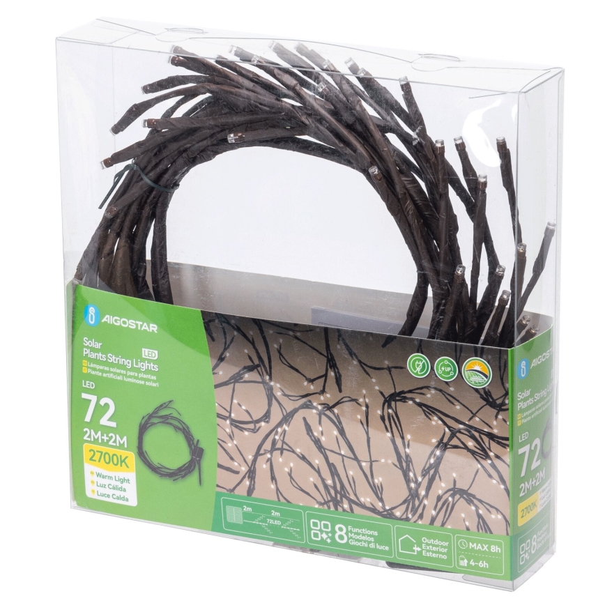 Aigostar - LED aurinkoketju 72xLED/4m IP65 300 mAh lämmin valkoinen puun oksille