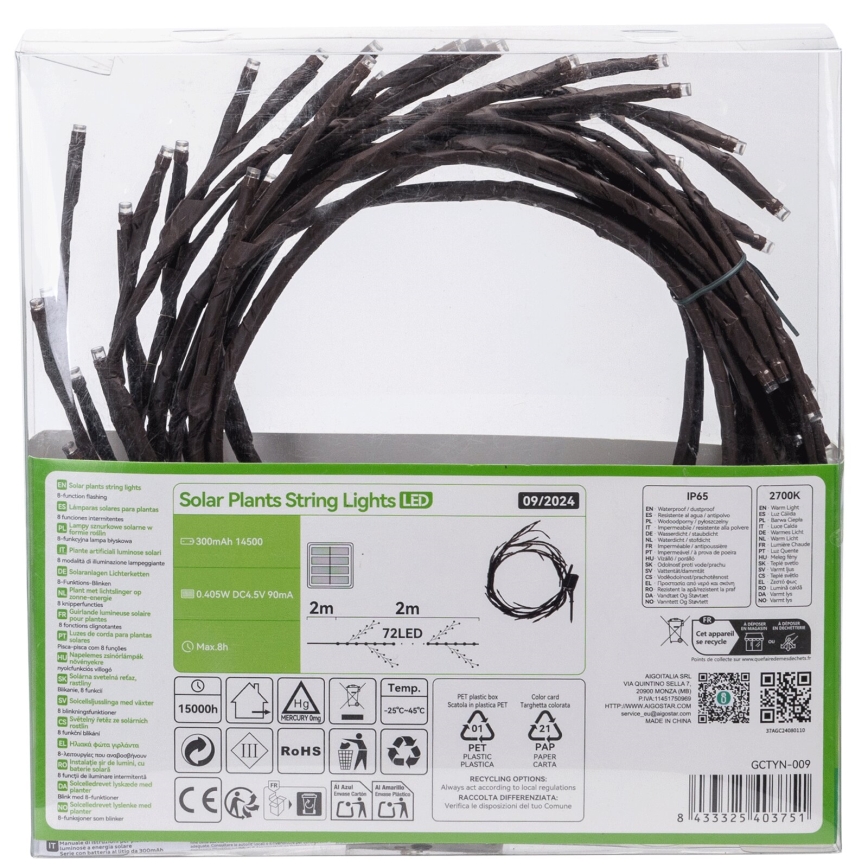 Aigostar - LED aurinkoketju 72xLED/4m IP65 300 mAh lämmin valkoinen puun oksille