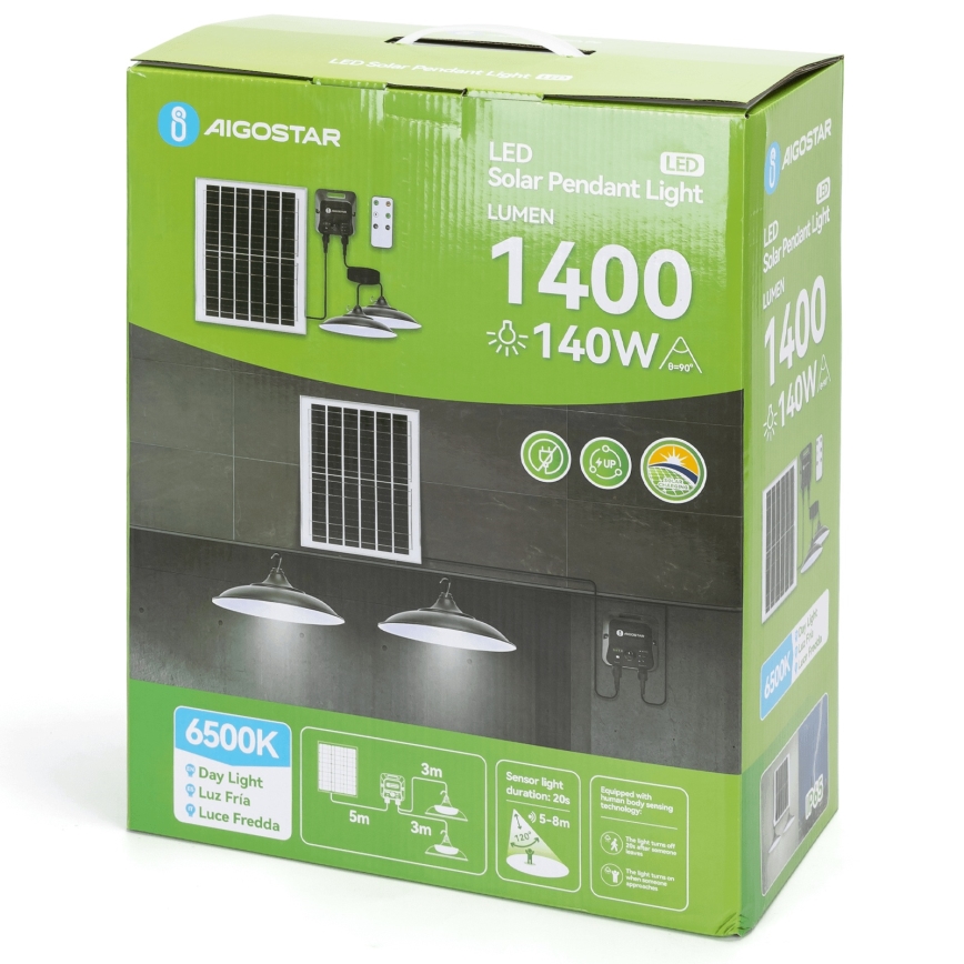 Aigostar - LED-aurinkovalaisin liiketunnistimella 2xLED/70W/12V 12000 mAh 6500K IP65 halkaisija 23,5 cm + kaukosäädin