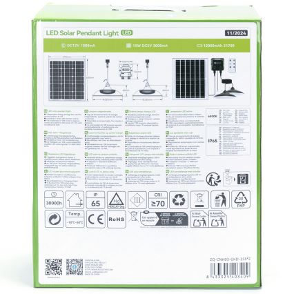 Aigostar - LED-aurinkokäyttöinen kattokruunu 2xLED/70W/12V 12000 mAh 6500K IP65 halkaisija 23,5 cm + kaukosäädin