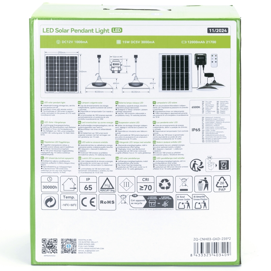 Aigostar - LED-aurinkokäyttöinen kattokruunu 2xLED/70W/12V 12000 mAh 6500K IP65 halkaisija 23,5 cm + kaukosäädin