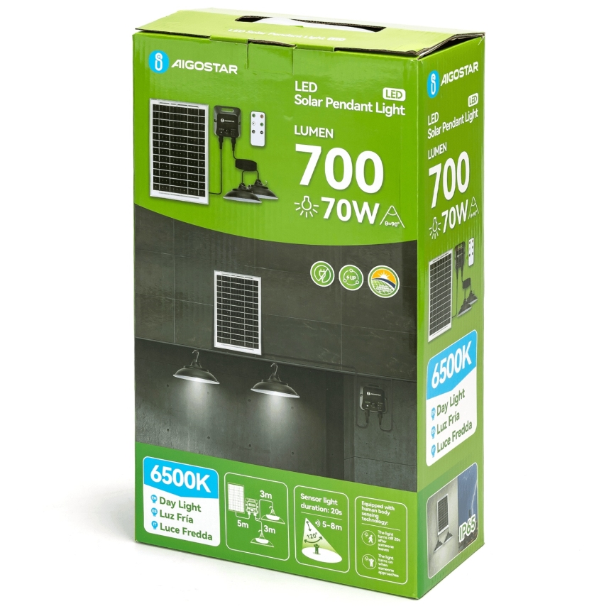 Aigostar - LED-aurinkoriippuvalaisin anturilla 2xLED/35W/12V 6000 mAh 6500K IP65 halkaisija 15 cm + kaukosäädin