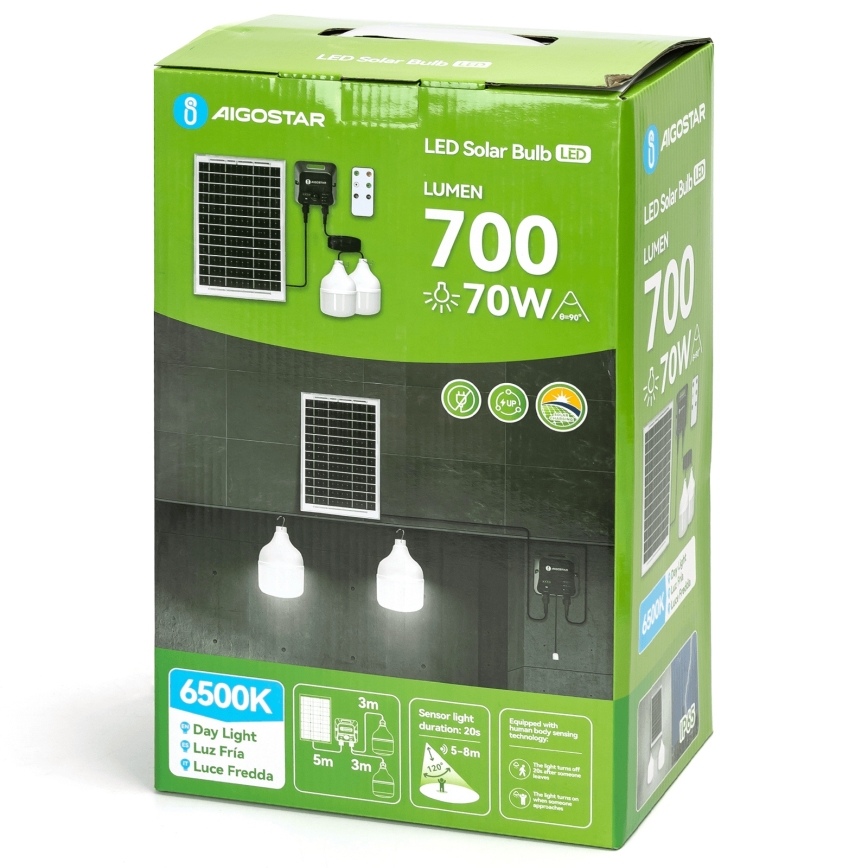 Aigostar - LED-aurinkovalaisin tunnistimella 2xLED/35W/12V 6000 mAh 6500K IP65 halkaisija 10 cm + kaukosäädin