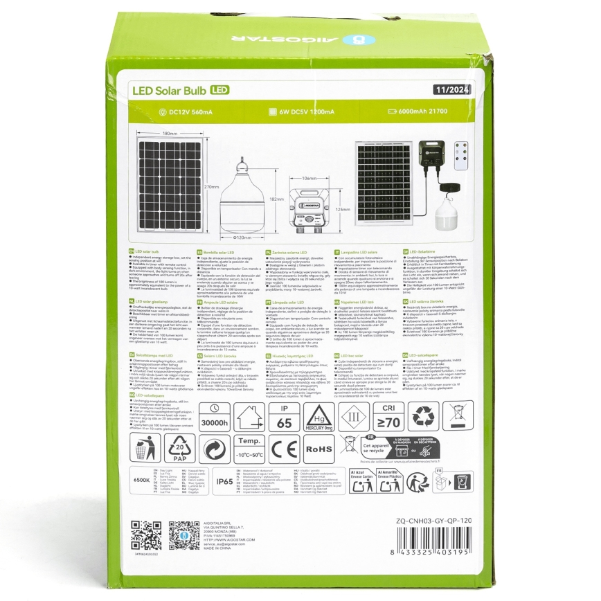 Aigostar - LED-aurinkovalaisin tunnistimella 70 W/12 V 6000 mAh 6500 K IP65 halkaisija 12 cm + kaukosäädin