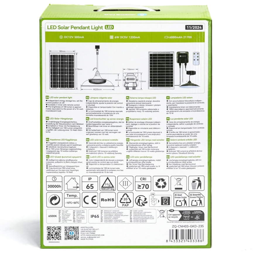 Aigostar - LED-aurinkokruunu LED/70W/12V 6000 mAh 6500K IP65 halkaisija 23,5 cm + kauko-ohjain