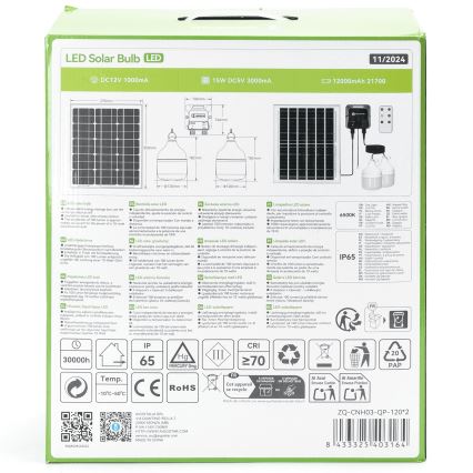 Aigostar - LED-aurinkokäyttöinen riippuvalaisin 2xLED/70W/12V 12000 mAh 6500K IP65 halkaisija 12 cm + kaukosäädin